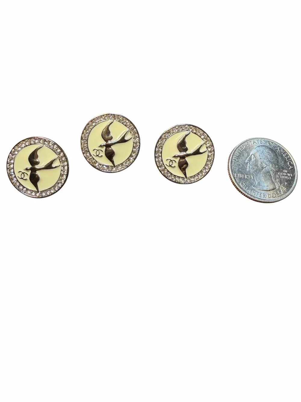 CHANEL Cream Enamel Swallow Buttons with Crystal Silver Trim